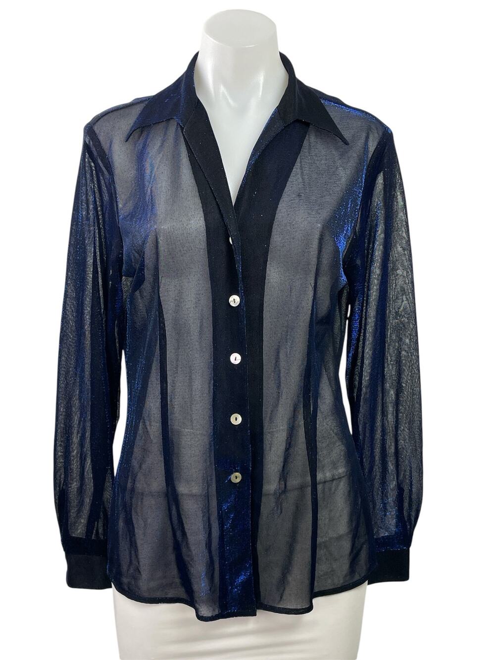 Camille Claudel Blue Sheer Mesh Metallic Sparkly Long Sleeve Button Up Shirt L